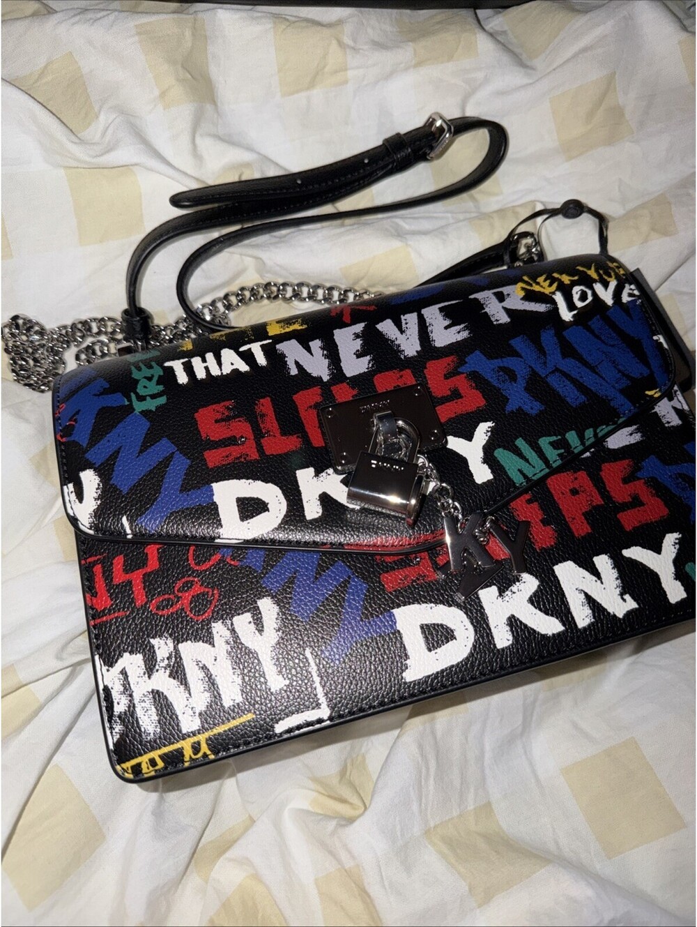 DKNY Black Leather and Chain Graffiti Print Flap Crossbody Bag